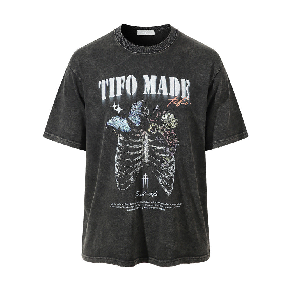 Men’s Dark Skull Skeleton Washed T-Shirt – Vintage Worn Streetwear Graphic Tee
