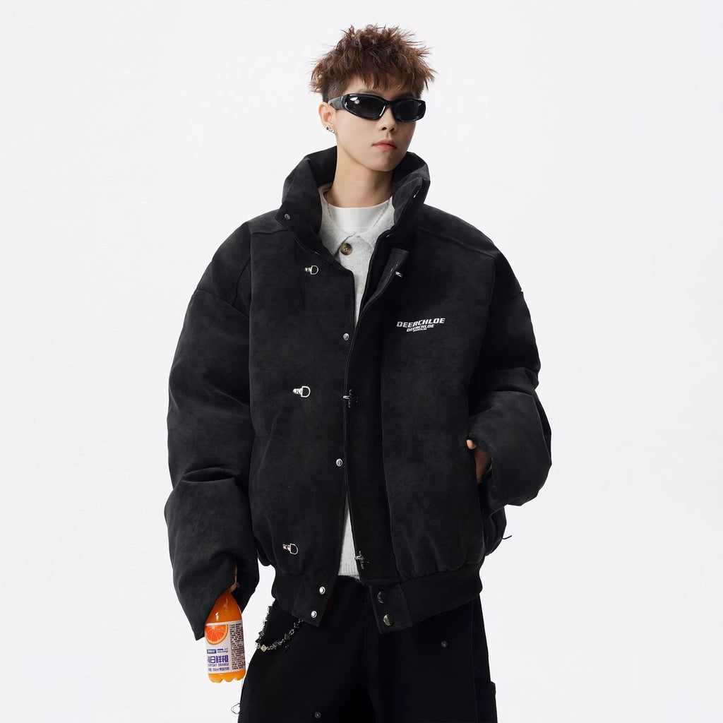 Men’s Retro Stand-Up Collar Puffer Jacket – Loose Fit Winter Streetwear Coat