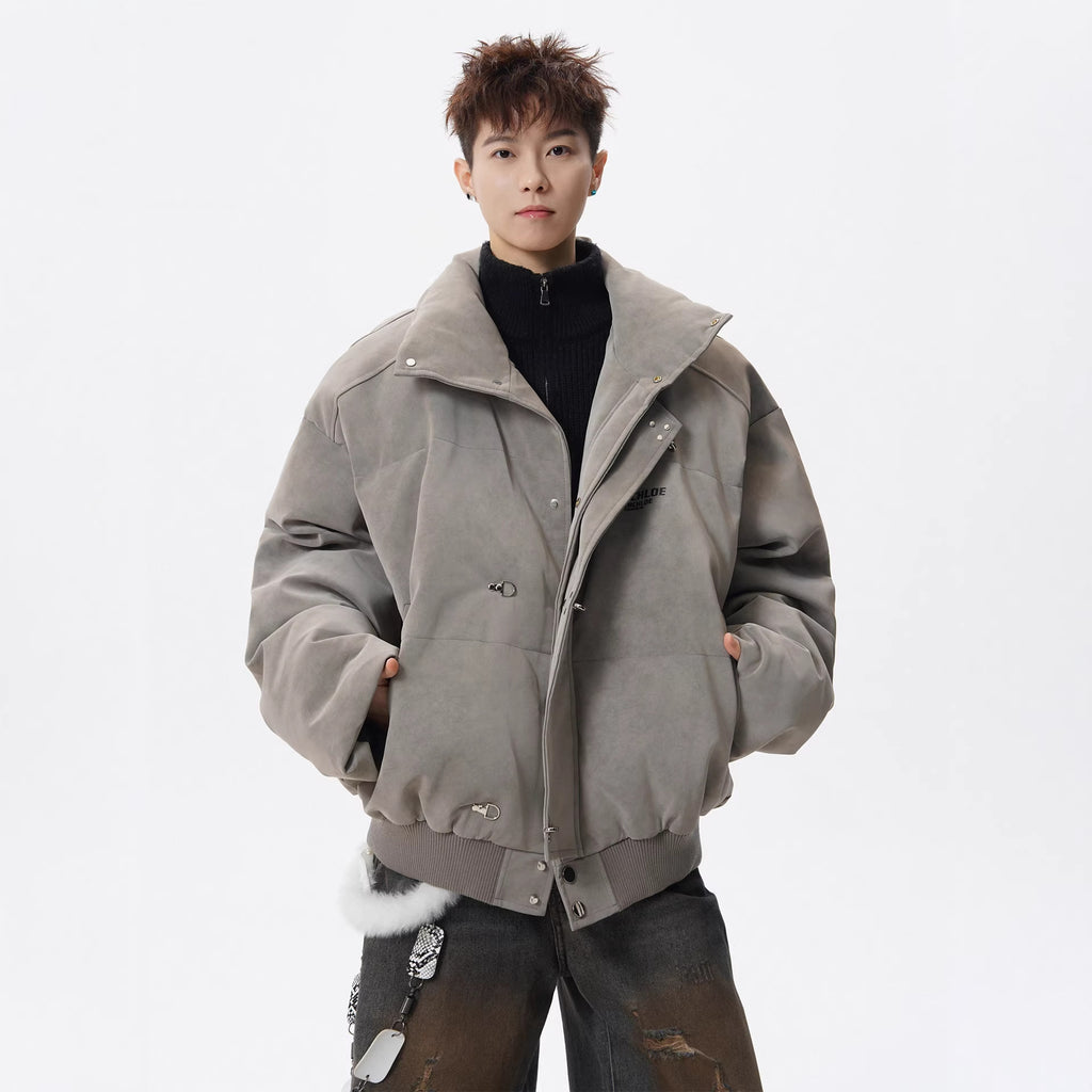 Men’s Retro Stand-Up Collar Puffer Jacket – Loose Fit Winter Streetwear Coat