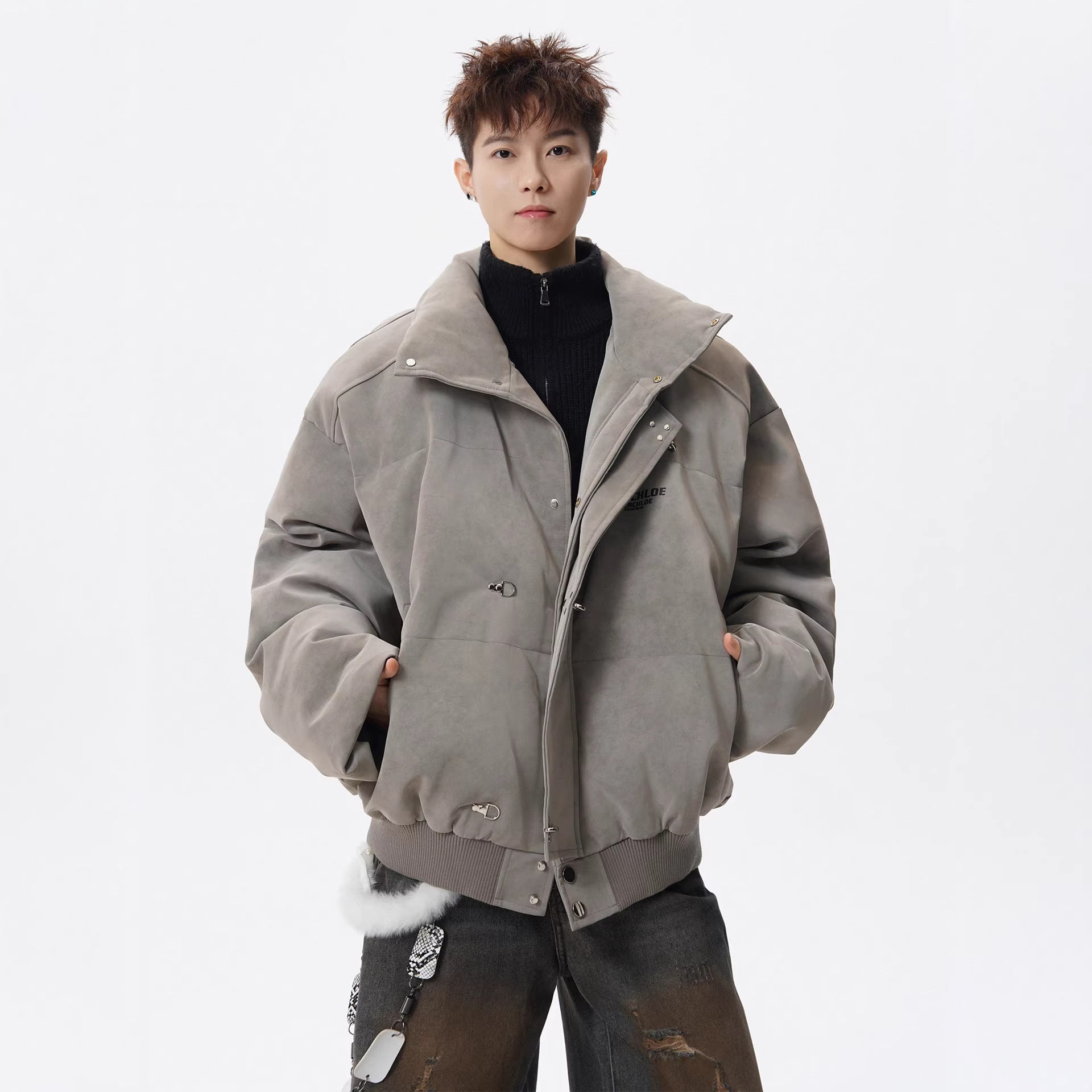 Men’s Retro Stand-Up Collar Puffer Jacket – Loose Fit Winter Streetwear Coat