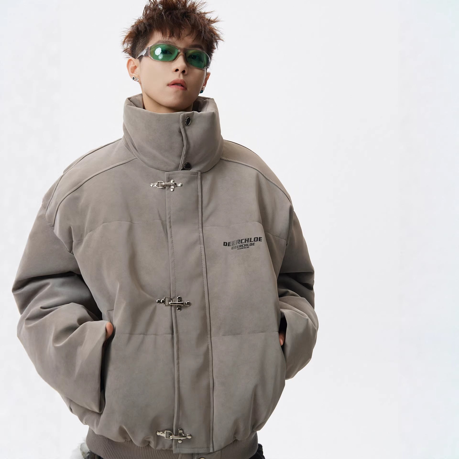 Men’s Retro Stand-Up Collar Puffer Jacket – Loose Fit Winter Streetwear Coat