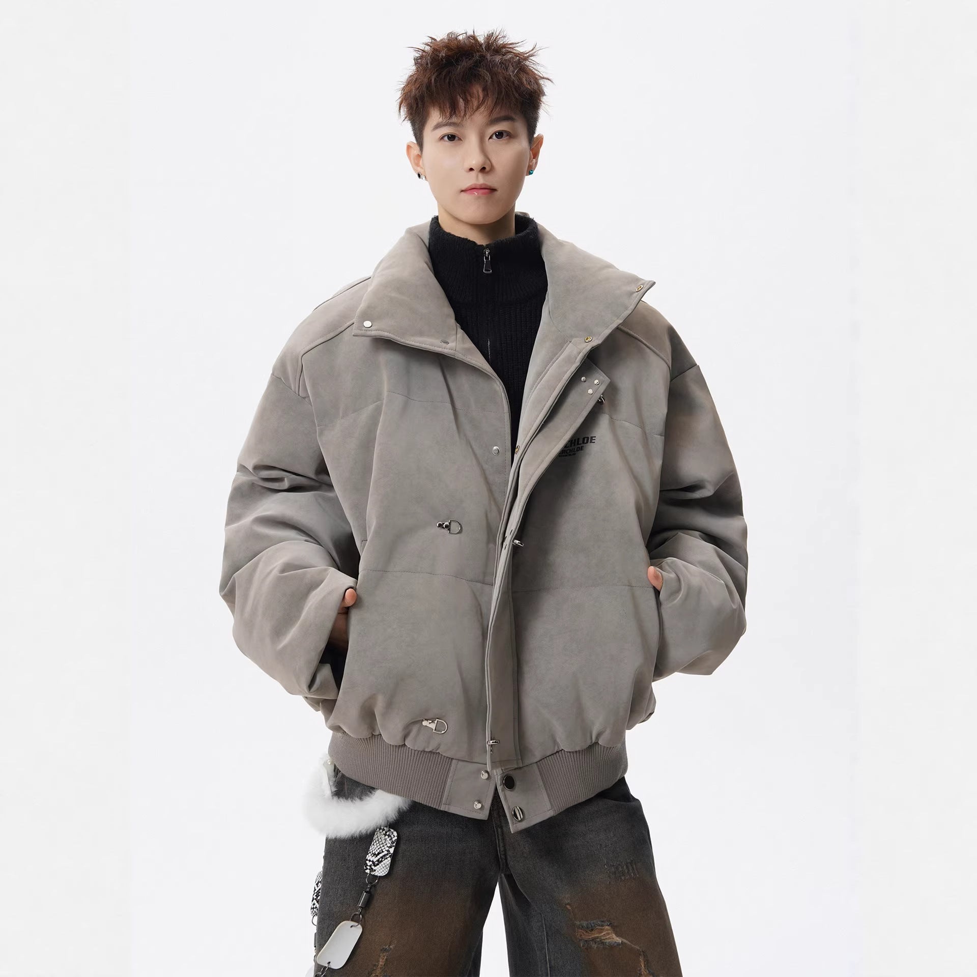 Men’s Retro Stand-Up Collar Puffer Jacket – Loose Fit Winter Streetwear Coat