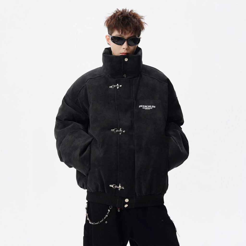 Men’s Retro Stand-Up Collar Puffer Jacket – Loose Fit Winter Streetwear Coat