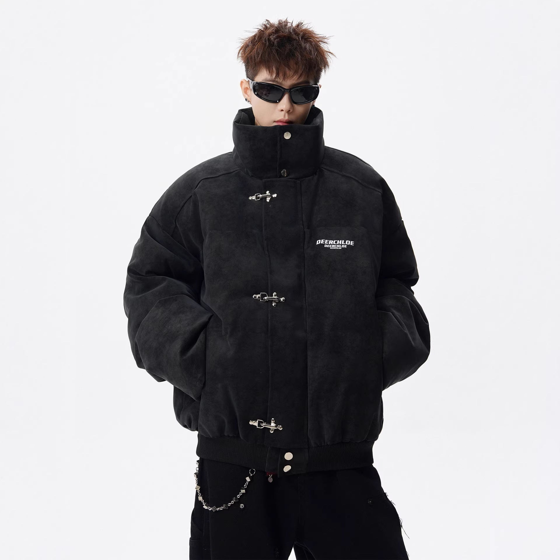 Men’s Retro Stand-Up Collar Puffer Jacket – Loose Fit Winter Streetwear Coat