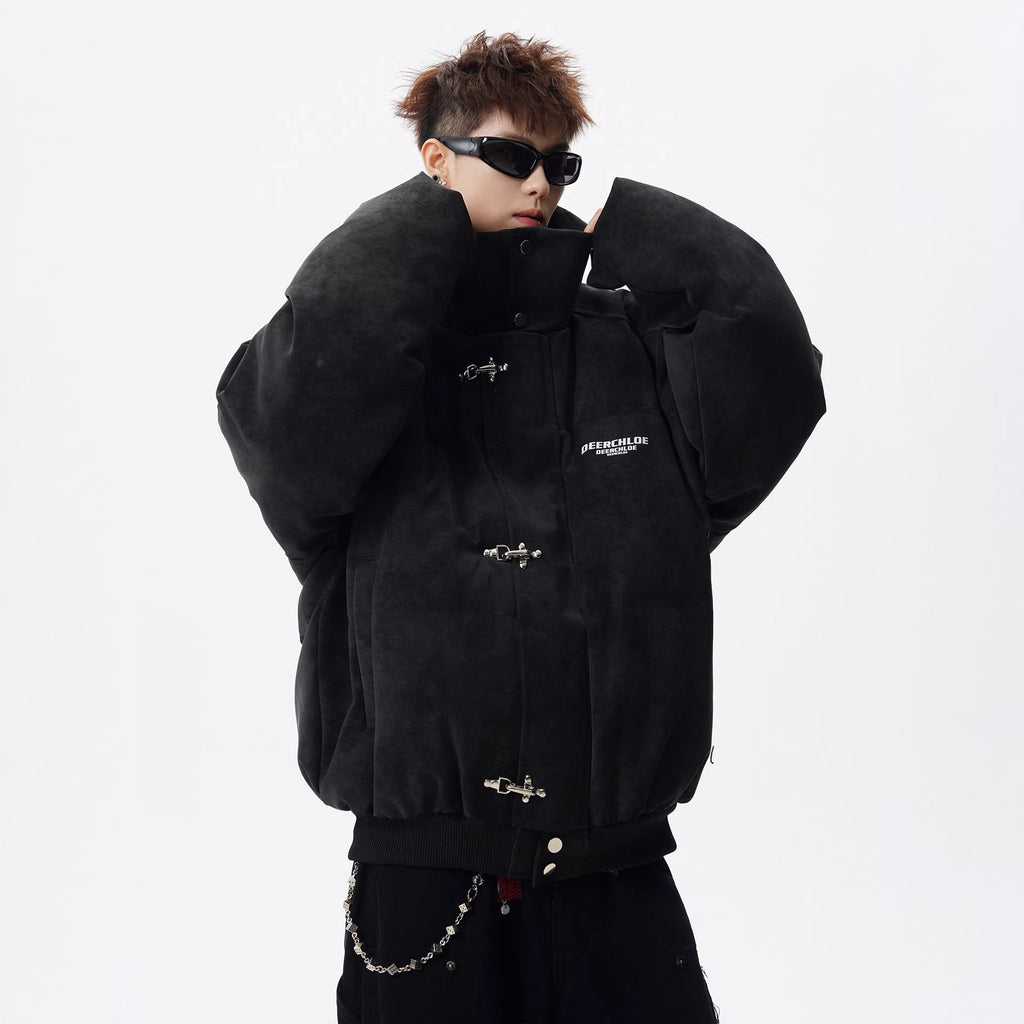 Men’s Retro Stand-Up Collar Puffer Jacket – Loose Fit Winter Streetwear Coat